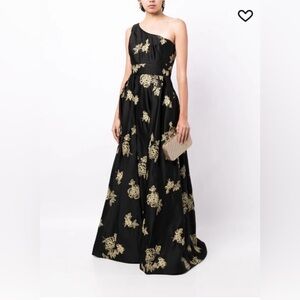 Marchesa Notte Floral Embroidered One Shoulder Gown